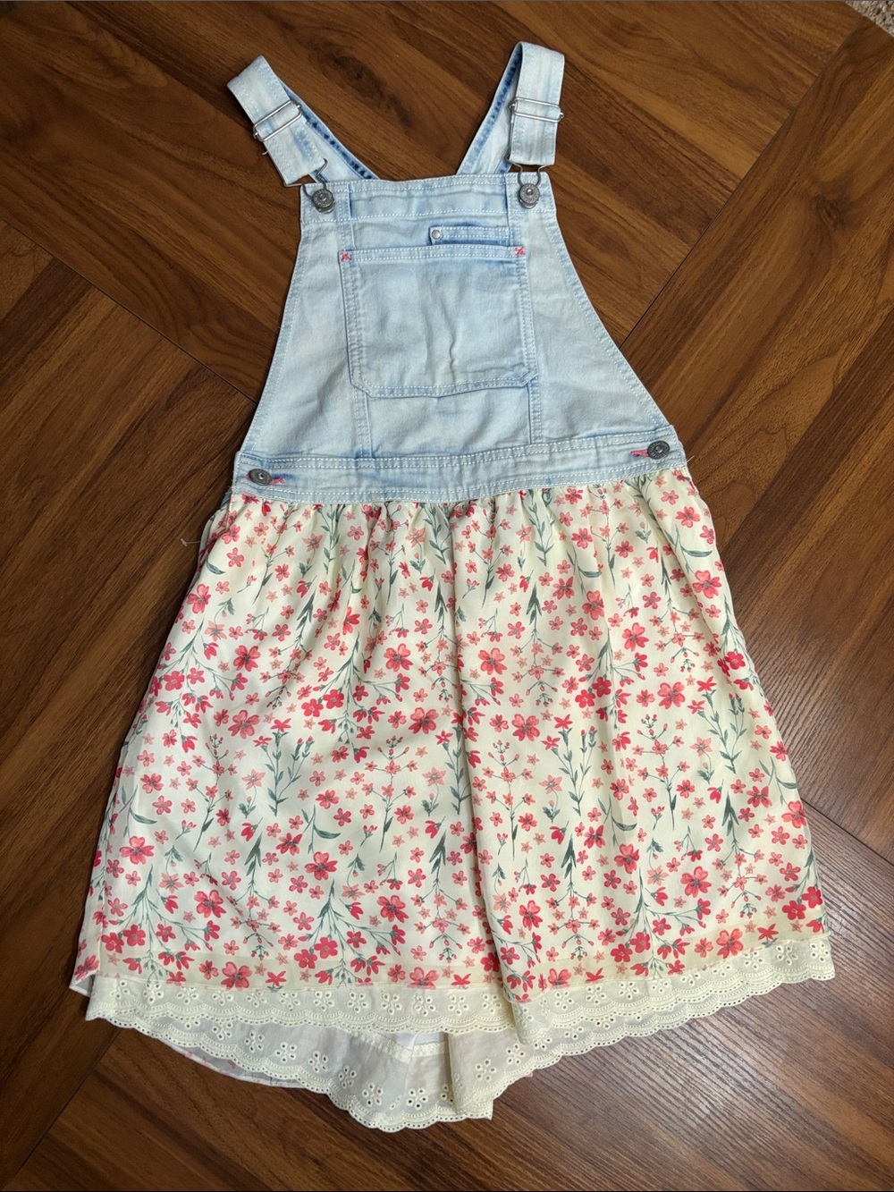Jordache Light Wash Denim Overall Skirt with Pink Floral Print